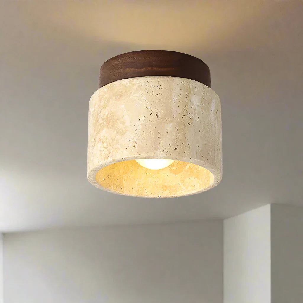 Haru Minimalist Japanese Ceiling Lamp – Cream Marble & Wood LED