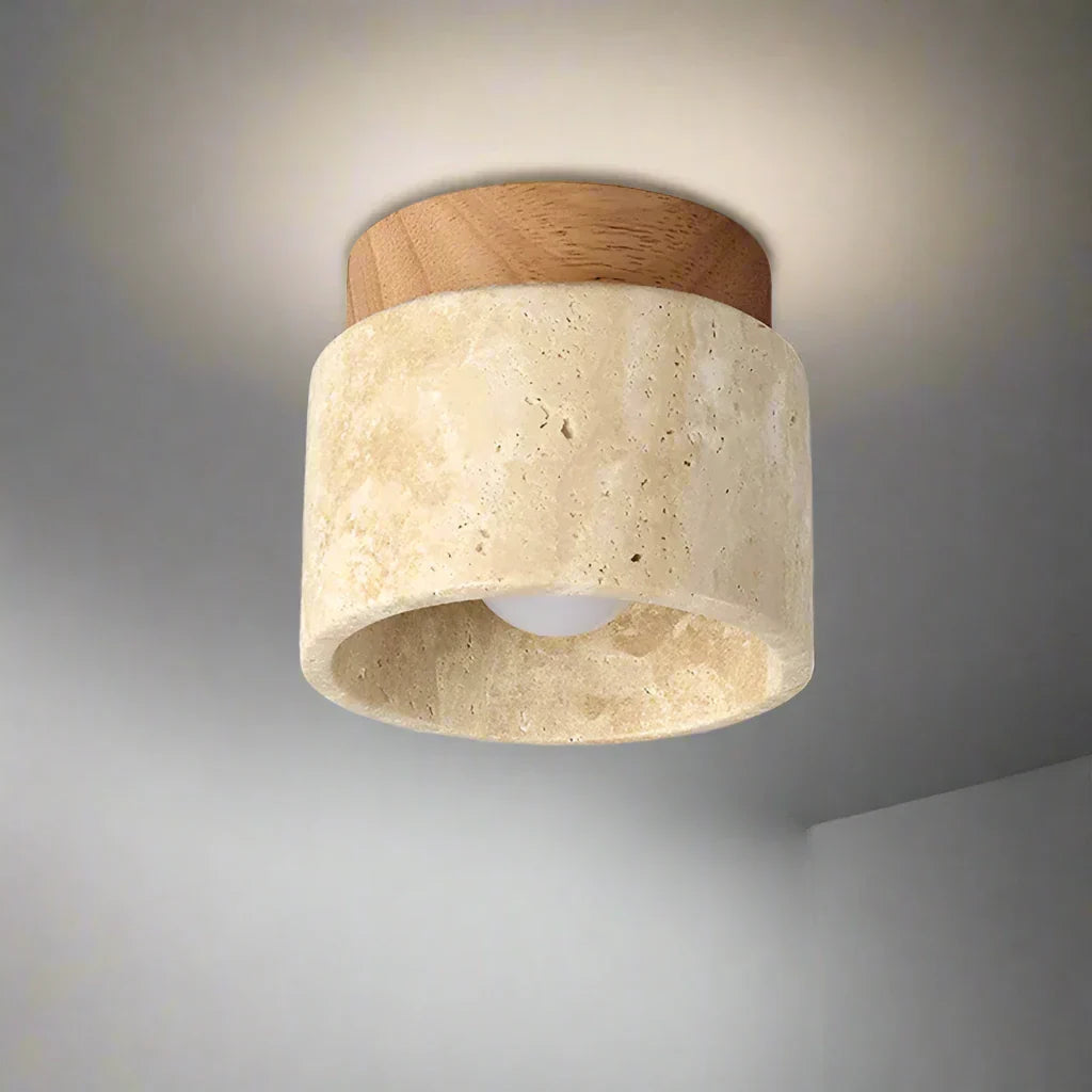 Haru Minimalist Japanese Ceiling Lamp – Cream Marble & Wood LED