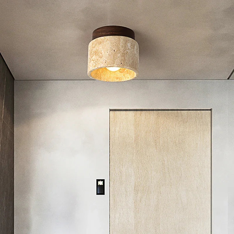 Haru Minimalist Japanese Ceiling Lamp – Cream Marble & Wood LED