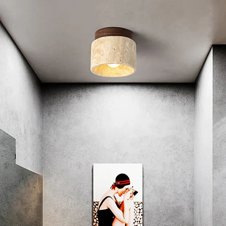 Haru Minimalist Japanese Ceiling Lamp – Cream Marble & Wood LED