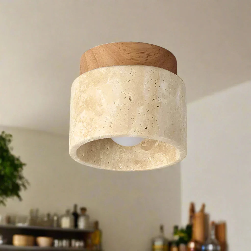 Haru Minimalist Japanese Ceiling Lamp – Cream Marble & Wood LED