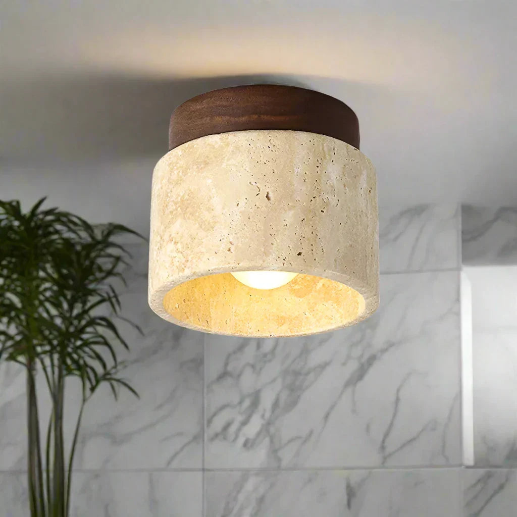 Haru Minimalist Japanese Ceiling Lamp – Cream Marble & Wood LED